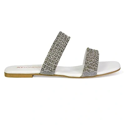 Image of Womens Flat Slip On Diamante Slider Sandals Ladies Holiday Party Shoes Size 3 8 White