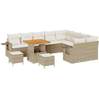 Image of vidaXL 12 Piece Garden Sofa Set with Cushions Beige Poly Rattan Acacia