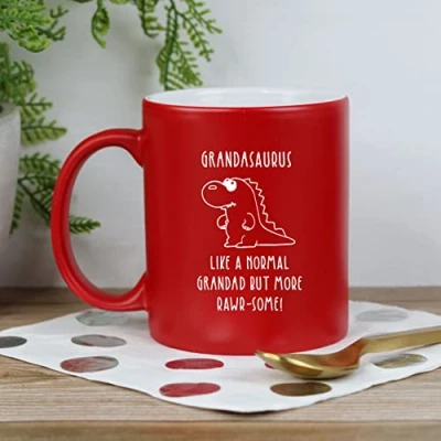 Image of eBuyGB Grandasaurus Mug, Grandad Dinosaur Engraved Matte Red Coffee Matt Tea Cup, Father&#039;s Day Gift for Granddad, Grandpa, Birthday Gift, Funny Present