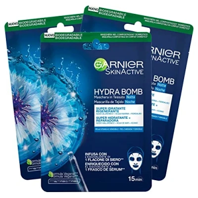 Image of Garnier SkinActive Hydra Bomb Overnight Face Mask in Super Moisturizing Fabric Vegan Formula with Cornflower and Hyaluronic Acid Regenerating Action Tired Sensitive Skin 3 Disposable Masks