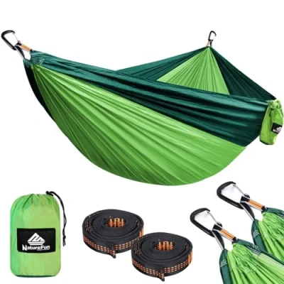 Image of NatureFun Ultra Light Travel Camping Hammock 300kg Load Capacity,(300 x 200 cm) Breathable,Quick drying Parachute Nylon 2 Premium Carabiners,2 Slings Included For Outdoor Indoor Garden