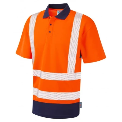 Image of Leo Workwear Mortehoe Mens Polo Shirt Hi Vis Dual Colour Coolviz Plus Ventilated Work Shirt, 5X Large, Orange/Navy