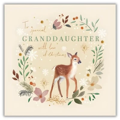Image of Granddaughter Christmas Card Special Deer and Festive Wreath Finish Made in the UK Eco Friendly
