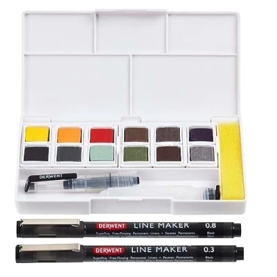 Image of Derwent Line and Wash Paint Set, Set of 12 Assorted Colour Pans, Includes 2 x Makers, 5 Mixing Palettes, 1 Sponge, Portable 2305866