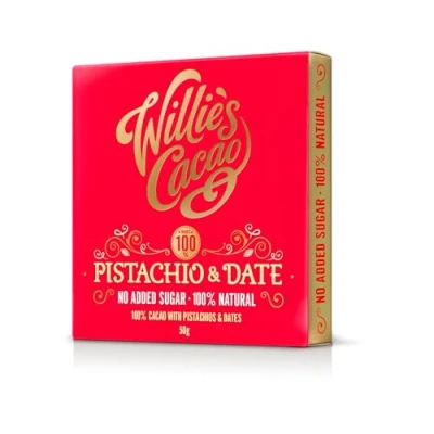 Image of Willie&#039;s Cacao No Added Sugar Chocolate bar 100% with Pistachio &amp; Date 50g x 12 Rio Maranon naturally sweetened fruit and nuts Vegan