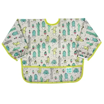 Image of Bumkins Sleeved Bib, Handy Tie Closure for Custom Fit, Catch All Pocket, Baby Led Weaning, Waterproof, Machine Washable, Stain &amp; Odour Resistant, BPA Free, 6 24 Months, Cacti Design
