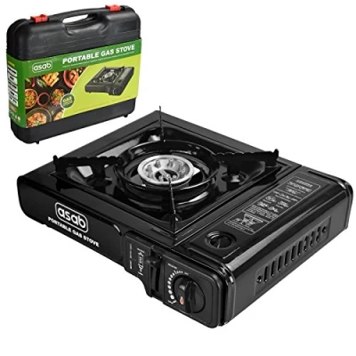 Image of ASAB Portable Camping Gas Cooker Single Burner Stove Automatic Ignition System Enamel Pan Holder Butane BBQ Carry Bag Caravan Outdoor Black