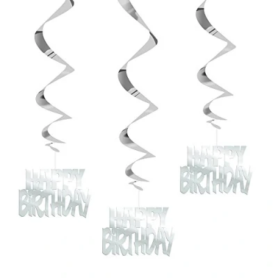 Image of Happy Birthday Silver Foil Hanging Swirl Decorations (81cm) Pack of 3 Stunning and Elegant Party Decor