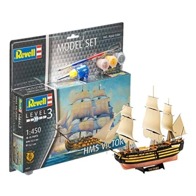 Image of Revell Model Set 65408 HMS Victory 1:225 Scale Unbuilt/Unpainted Plastic Kit with Contacta Professional Glue, Paintbrush &amp; Selected Aqua Color Paints