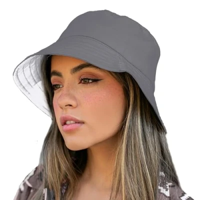 Image of TOSKATOK® UPF 50+ Ladies Women’s Reversible Cotton Bucket Sun Hat 2 Hats in 1 Grey/White