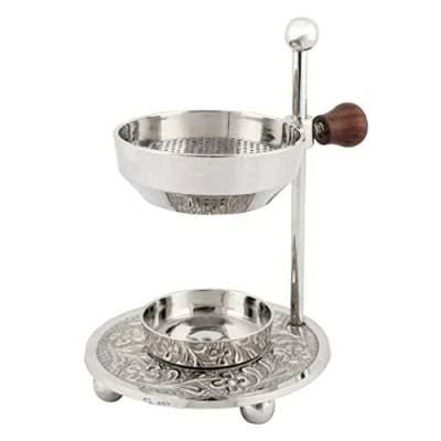 Image of NKlaus incense burner brass nickel plated with sieve and wooden handle height adjustable tea light herbs 4014