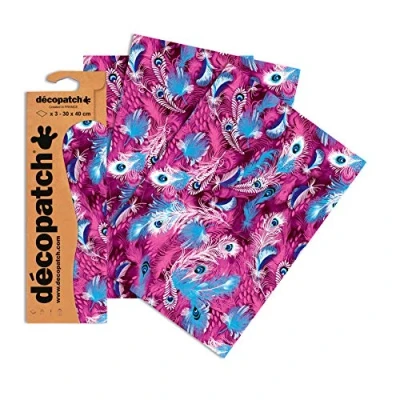 Image of Décopatch Ref C577O Purple Peacock Feather Print Paper Pack Each Sheet 30 x 40cm, of 3 Sheets Best Used With Décopach Glue &amp; Varnish, Multicoloured