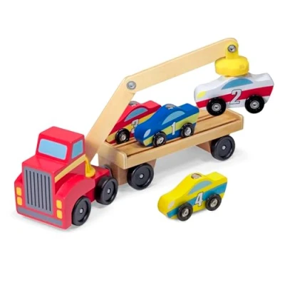Image of Melissa &amp; Doug Wooden Car Transporter Toy Truck, Magnetic Cars Truck Crane Toys for 3 Year Old Boy Gifts Set Toddler 3+ Boys Girls 4 5 6