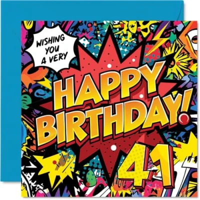 Image of 41st Birthday Cards for Men Women Comic Book Pow! Happy Card 41 Year Old Man Woman Niece Auntie Neighbour Brother, 145mm Bday Greeting