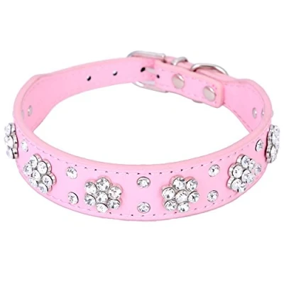 Image of Pet Moon Collars Rows Rhinestone Bling Flower Studded PU Leather Dog Collar for Small or Medium Dogs (Pink, S)