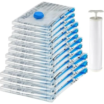 Image of Amazon Basics Vacuum Compression Zipper Storage Bags with Airtight Valve and Hand Pump, 3x (Jumbo, Large, Medium, Small), 12 Pack, Multiple, Clear