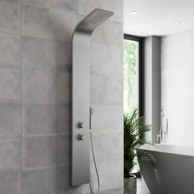 Image of Architeckt® Thermostatic Shower Panel Tower, Three Function 3 in1 System with Rainfall Head, Handheld Handset, 2 Massage Body Jets, Showers Column, Brushed Steel