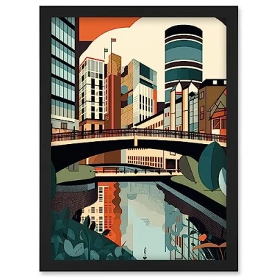 Image of Artery8 Birmingham City Centre Canal Geometric Cityscape Artwork Framed Wall Art Print A4