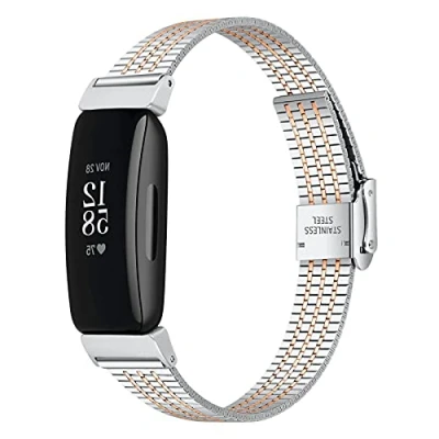 Image of TopTen Watch Band Compatible with Fitbit Inspire/Inspire HR/Inspire 2 Strap, Stainless Steel Adjustable Wrist Bracelet, Replacement Accessories Wristband (Silver/Rose Gold, For Inspire 2)