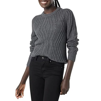 Image of Amazon Essentials Women&#039;s 100% Cotton Crewneck Cable Jumper, Charcoal Heather, XL