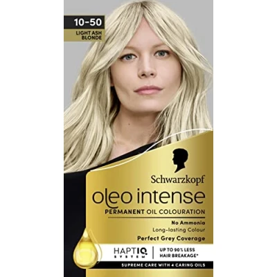 Image of Schwarzkopf Oleo Intense Permanent Oil Colour 10 50 Light Ash Blonde Hair Dye, Perfect Grey Coverage, Conditioner with HaptIQ System, Long Lasting Colour, Ammonia Free Dye
