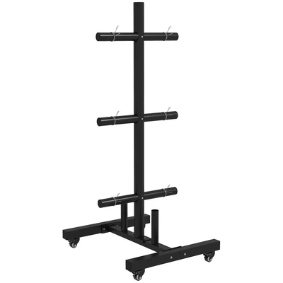 Image of SPORTNOW Weight Rack for Olympic Plate, 3 Tier Tree 2 inch Plates and Bars, Organizer Stand with 4 Transport Wheels Clamps Home Gym, Black