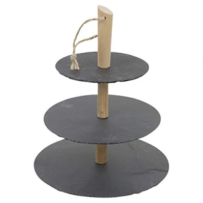 Image of 3 Tier Natural Slate Etagere Cake Food Stand Multi Layer Display Rack Boards with Wooden Handle Rustic Style Tea Serving Centerpiece Platter