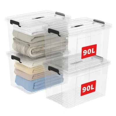 Image of Cetomo 90L*4 Storage Boxes, Carry Plastic Box with Lids, Organizing Container Handle and Secure Latching Buckles, Stackable, Nestable, Tote Bin for Home Office Clothes, 90L 4Pack, Clear