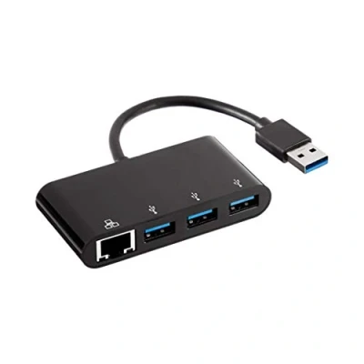 Image of Amazon Basics 4 Port Adapter With 3 USB A Ports + 1 RJ45 Gigabit Ethernet Port, Black