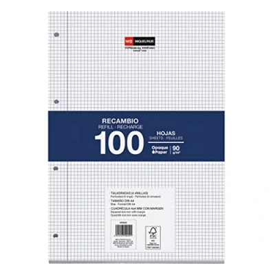 Image of Miquelrius Refill 100 Sheets, 4 mm Grid and Margin, A4 Size, Holes, 90 g/m² Paper