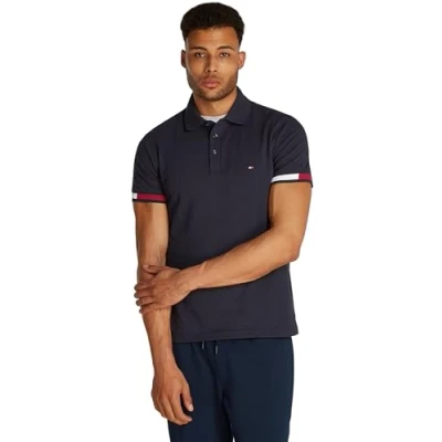 Image of Tommy Hilfiger Men’s Short Sleeve Flag Cuff Slim Fit Polo Shirt, Blue (Desert Sky), S