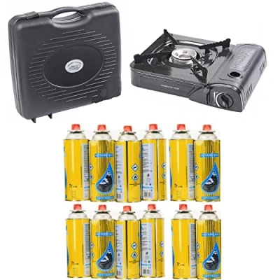 Image of Portable Camping Gas Cooker Single Burner Stove Enamel Pan Holder Butane BBQ Carry Bag Automatic Ignition System Caravan Outdoor + 12 Refills