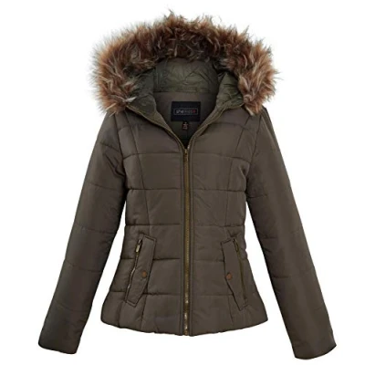 Image of shelikes Womens Winter Coat Ladies Padded Faux Fur Trim Hood Hooded Jacket Olive S