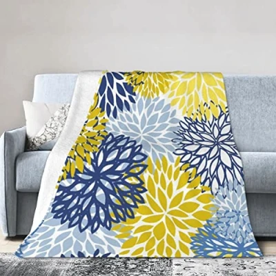 Image of Fleece Blanket Green Spring Floral Blue Yellow and Navy Chrysanthemum Flowers Throw for Couch Sofa,Soft Warm Bed Blankets Lightweigh 150CM X 125CM