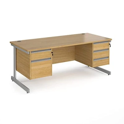 Image of Contract 25 800 mm Deep Straight Desk with Fixed 2 &amp; 3 Drawer Pedestals Cantilever Silver Legs, Oak, 180 x 80 cm