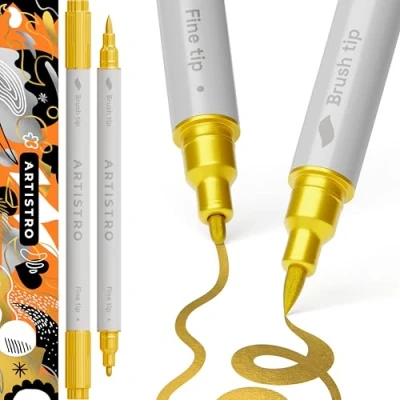 Image of ARTISTRO 2 Gold Acrylic Paint Pens, Markers Dual Tip (Brush + Fine 1 mm), for Fabric, Canvas, Rock, Glass, Wood, Paper, DYI, Kids and Adults