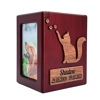 Image of Tarngod custom name and date, engrave your blessing text, urn, pet urn for dogs cats, souvenir wood box
