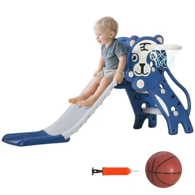 Image of AIYAPLAY Kids Slide 3 in 1 Freestanding Toddler with Climber, Basketball Hoop, Basketball, Tiger Themed for Ages 18 36 Months Blue