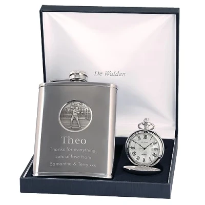 Image of Engraved Brother Pewter Golf Feature Mother of Pearl Pocket Watch and Hip Flask Gift Set Christmas