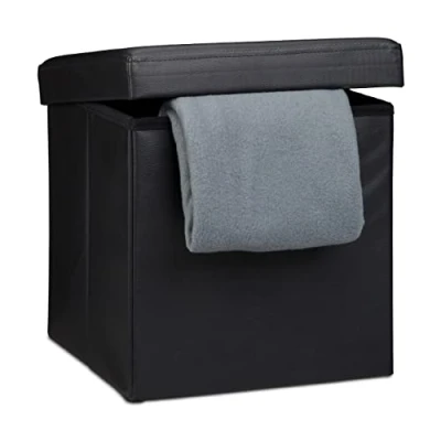 Image of Relaxdays Folding Ottoman Seat 38 x cm Sturdy Storage Chair and Practical Footstool, Faux Leather Box with Removable Lid, Black