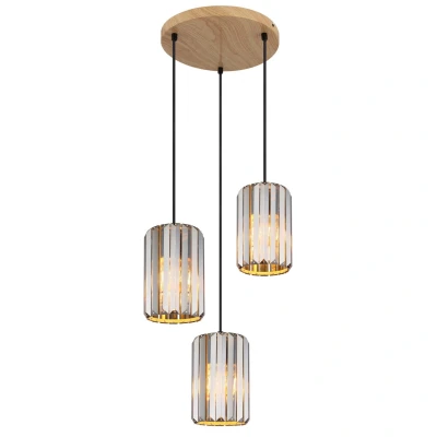 Image of Run Cluster Pendant Ceiling Light Wood Look K5 Crystals Smoke Colored 3x E27