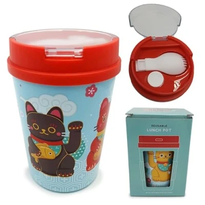 Image of Puckator LPOT17 Maneki Neko Lucky Cat Reusable Lunch Pot/Snack Pot with Spork 500ml