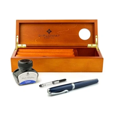 Image of Diplomat Excellence A2 Midnight Blue Chrome Stainless Steel Nib M Fountain Pen Set with Ink Glass Converter and Wooden Tray Writing