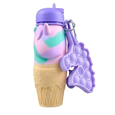 Image of CARESWAY Unicorn Water Bottle for Girls and Boys with Keyring 500 ml Kids Drinking Spout School Collapsible Leakproof BPA Free Children Drinks