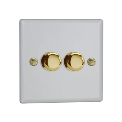 Image of Varilight LED V Pro 2 Gang Rotary Dimmer Switch White with Brass Knobs