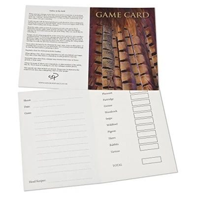 Image of Tirrito 10 Shoot game Cards featuring Pheasant Tail Feather image by Charles Sainsbury Plaice. Inside contains spaces for guns names, record etc.