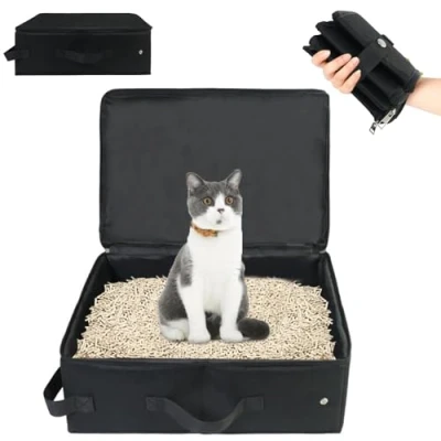 Image of Travel Cat Litter Tray Portable with Lid Foldable for Small Kittens Box Car Durable and Waterproof Camping, Indoors, Outdoors, Black