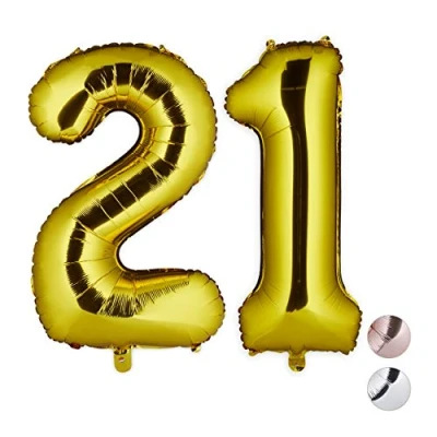Image of Relaxdays Foil 21, Jumbo 21st Birthday, to Hang, XXL, Number Balloons, 85 100 cm, Gold, One Size