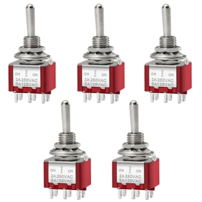 Image of Heschen Miniature Toggle Switch MTS 203 ON OFF DPDT 6 Pin, 2A 250V, 6A 125V, Pack of 5