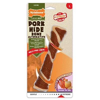 Image of Nylabone Extreme Tough Dog Chew Toy, Pork Hide Bone, Bacon &amp; Peanut Butter Flavour, Mess Free, L, For Dogs Up To 23Kg L
